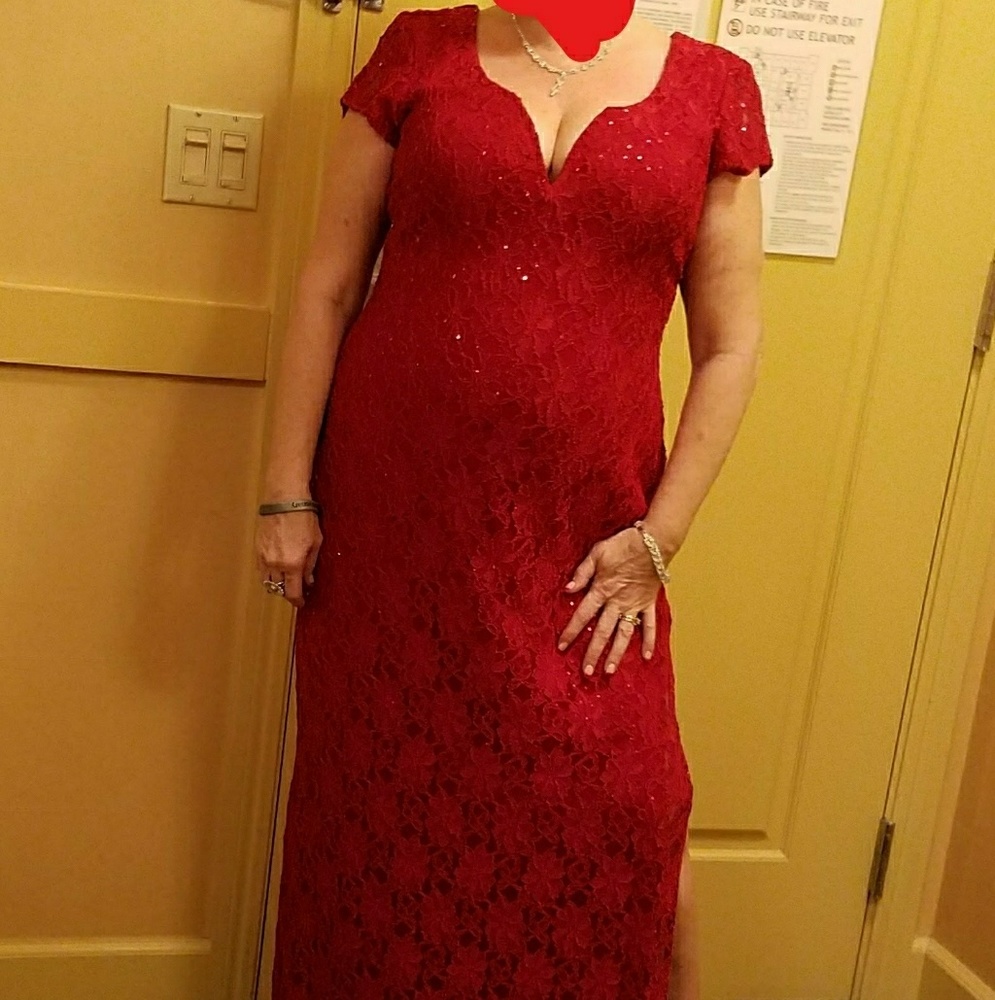 Connected Apparel Red Sequined Lace Gown, sz 12